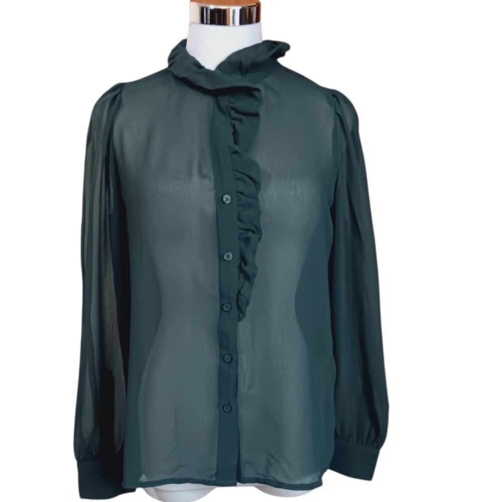NEW BANANA REPUBLIC Sheer Green Blouse Top XS Ruffle Coquette Dressy Event Layer